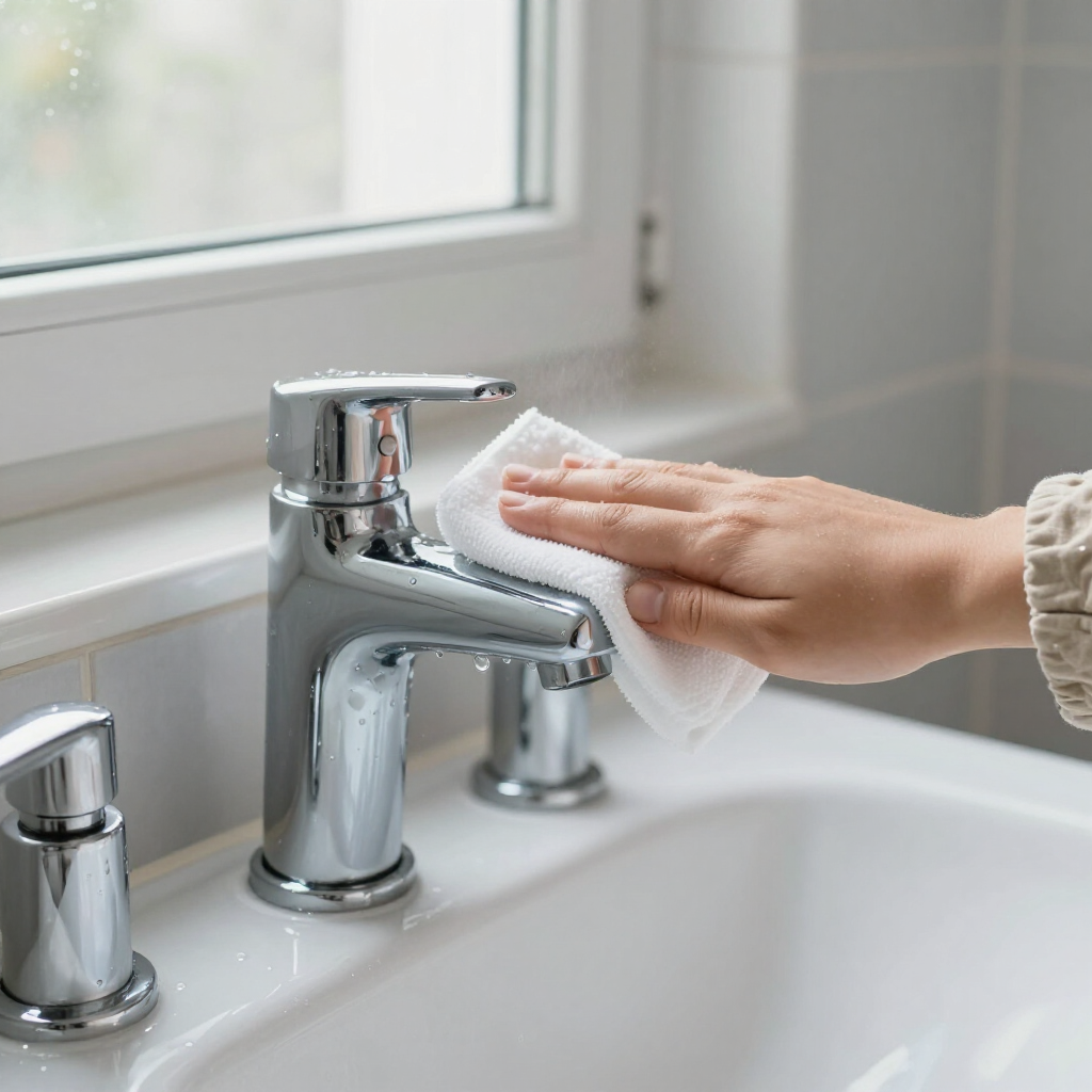 Hand wiping a chrome bathroom faucet with a white cloth by a sink