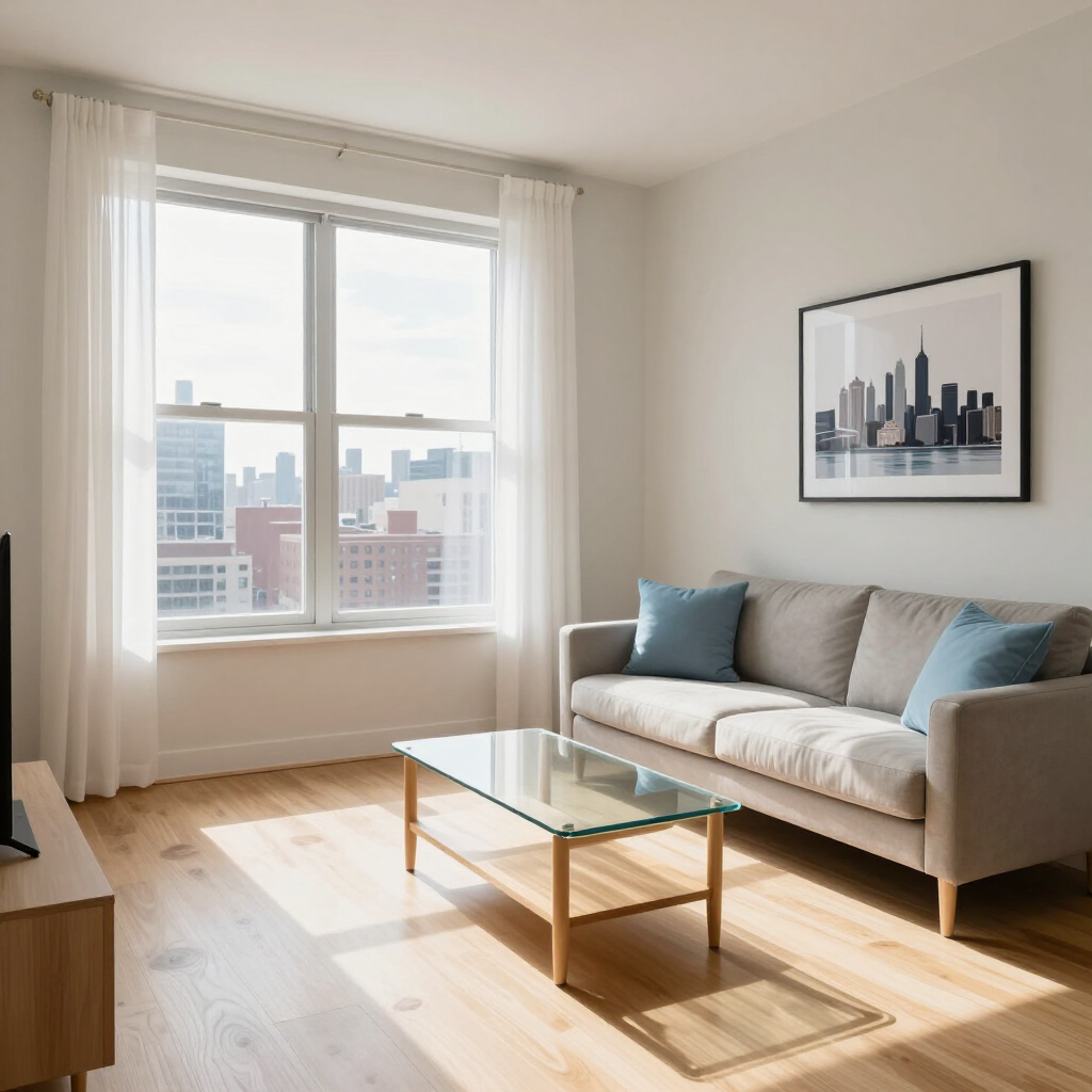 Bright living room with a beige sofa, glass coffee table, large window, and city skyline view