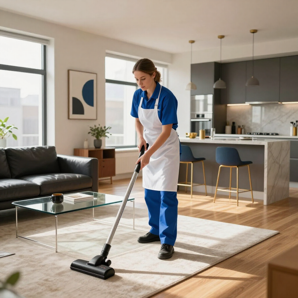 Person vacuuming a bright modern living room with kitchen in the background