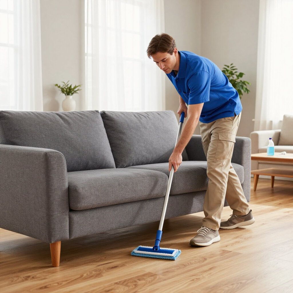 Person vacuuming a gray couch in a bright living room