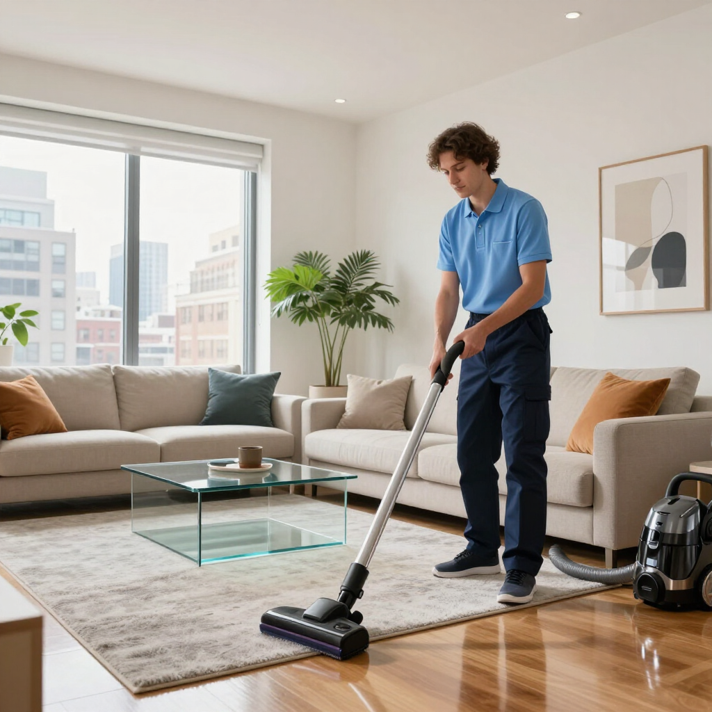 Person vacuuming a bright living room with beige sofas and a glass coffee table