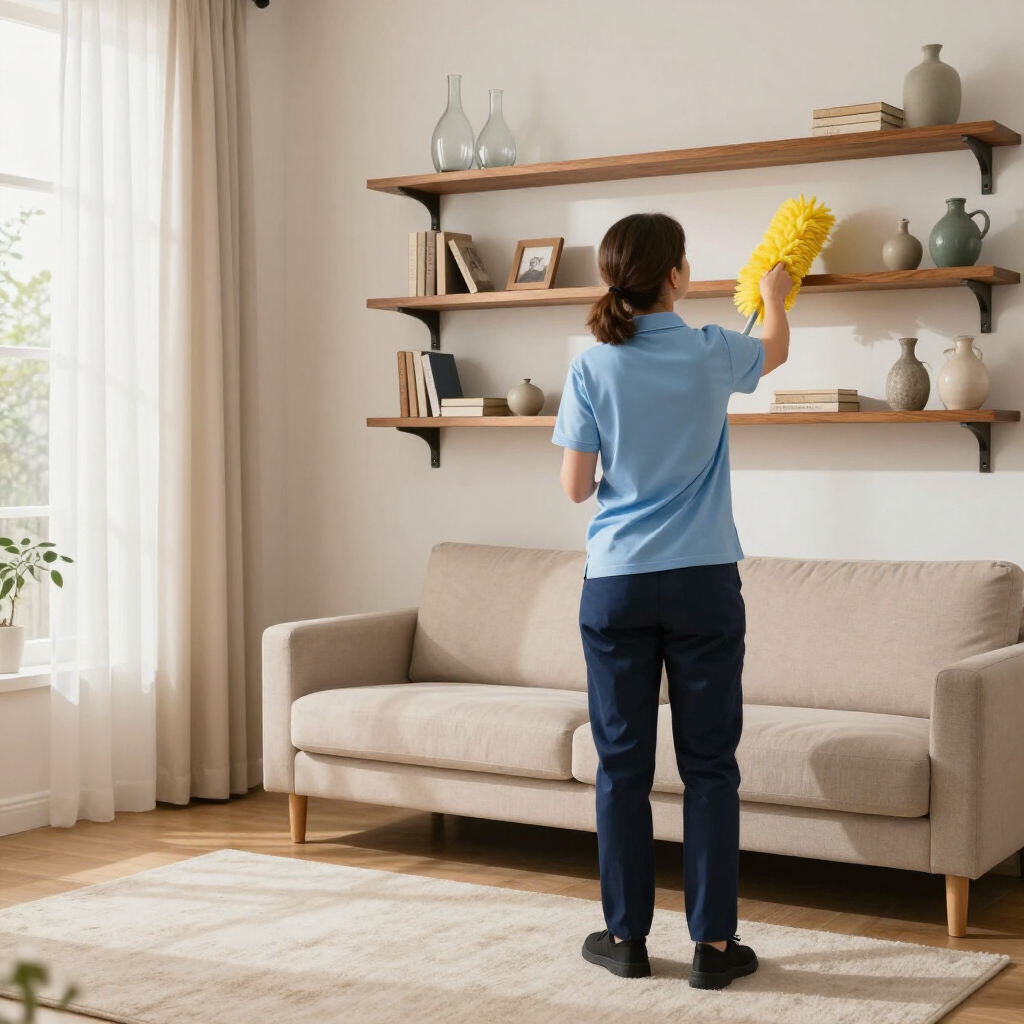Person dusting shelves in a bright living room beside a beige sofa and window curtains