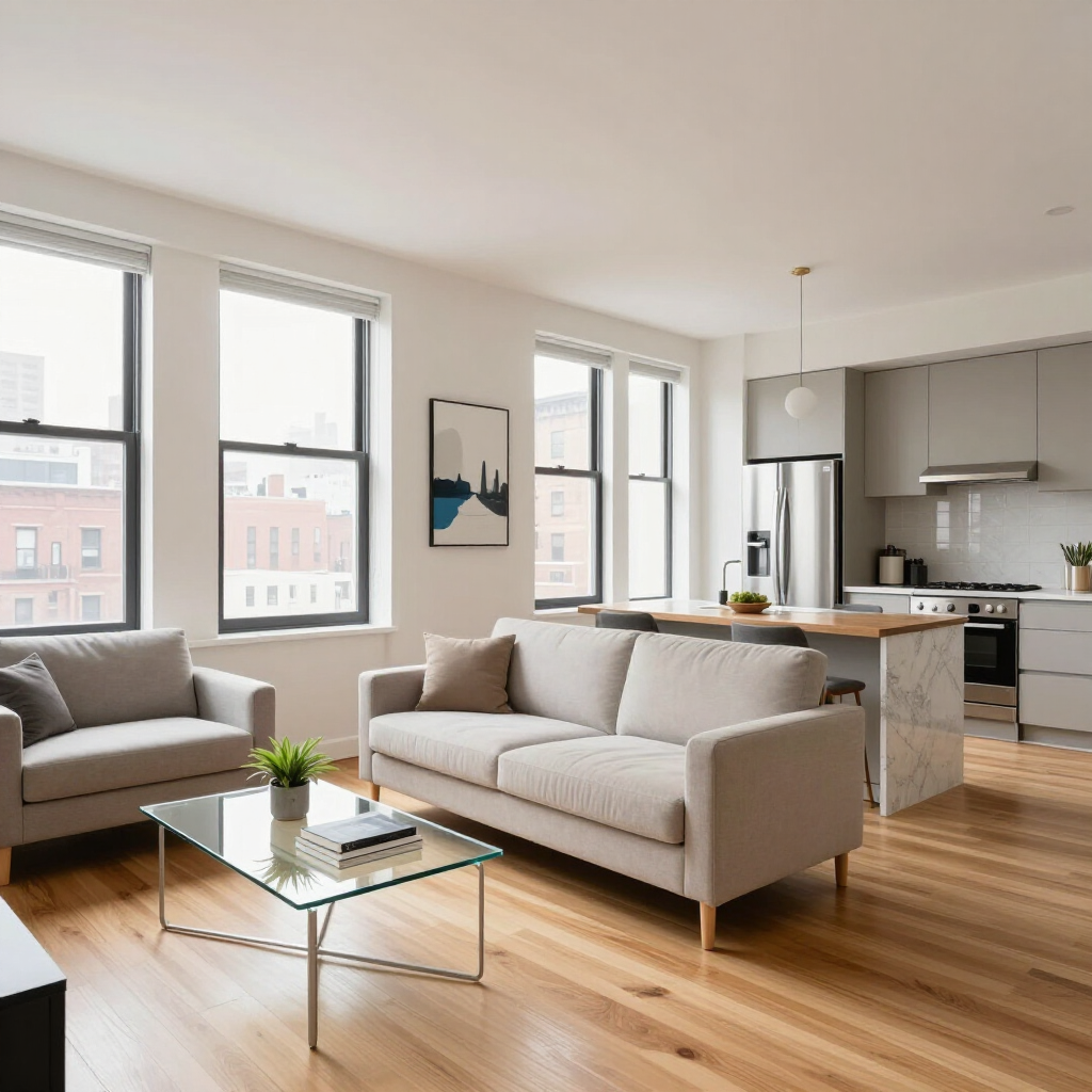 Bright modern living room with beige sofas, glass coffee table, and open kitchen with large windows