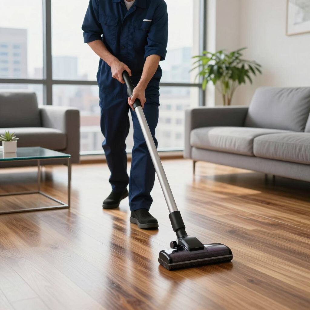 Person vacuuming a hardwood floor in a bright living room with gray sofas and a coffee table