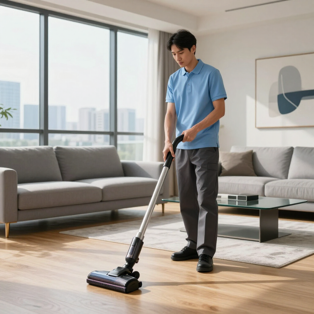 Man vacuuming a bright living room with a cordless vacuum beside gray sofas and a glass coffee table