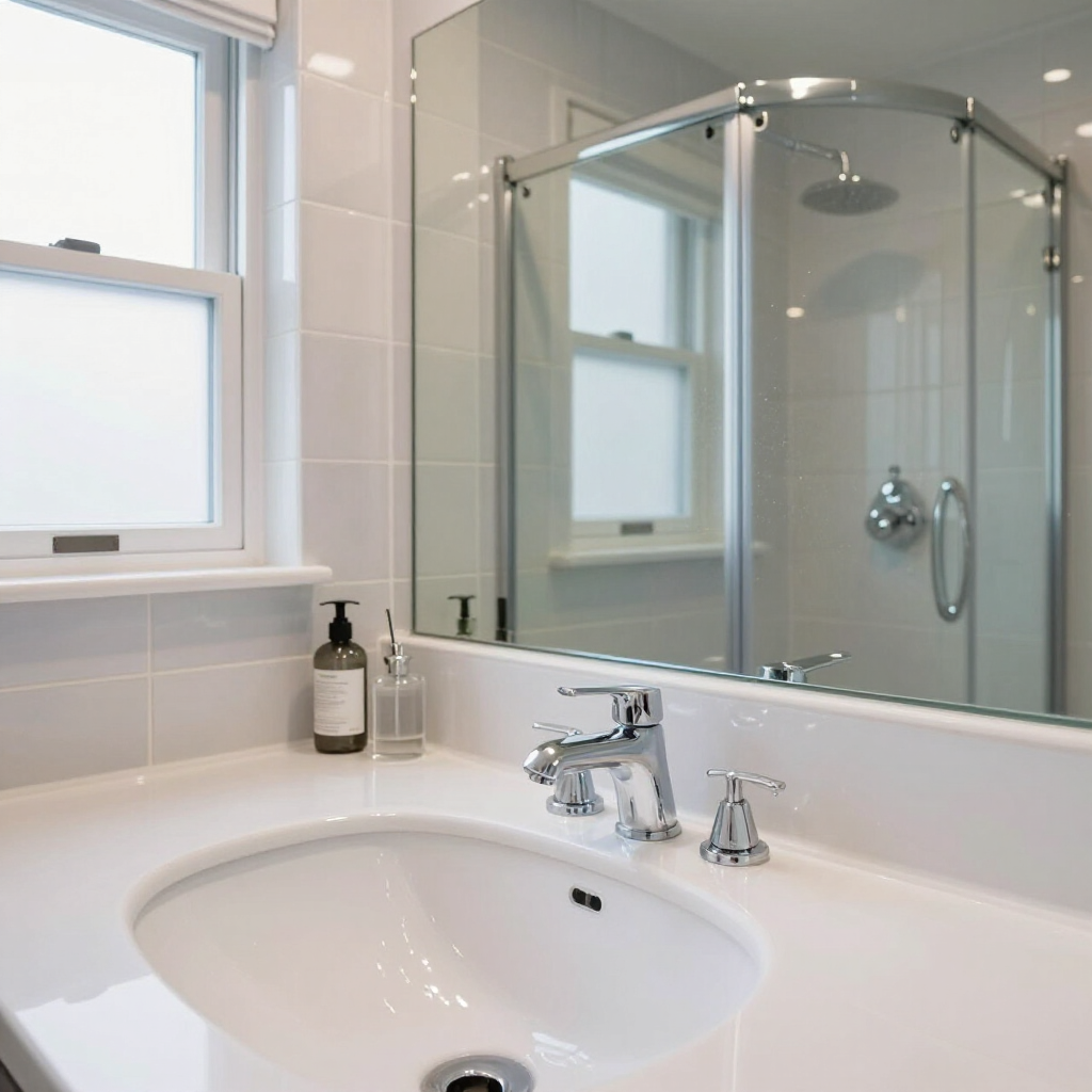 Modern white bathroom with sink, mirror, window, and glass-enclosed shower