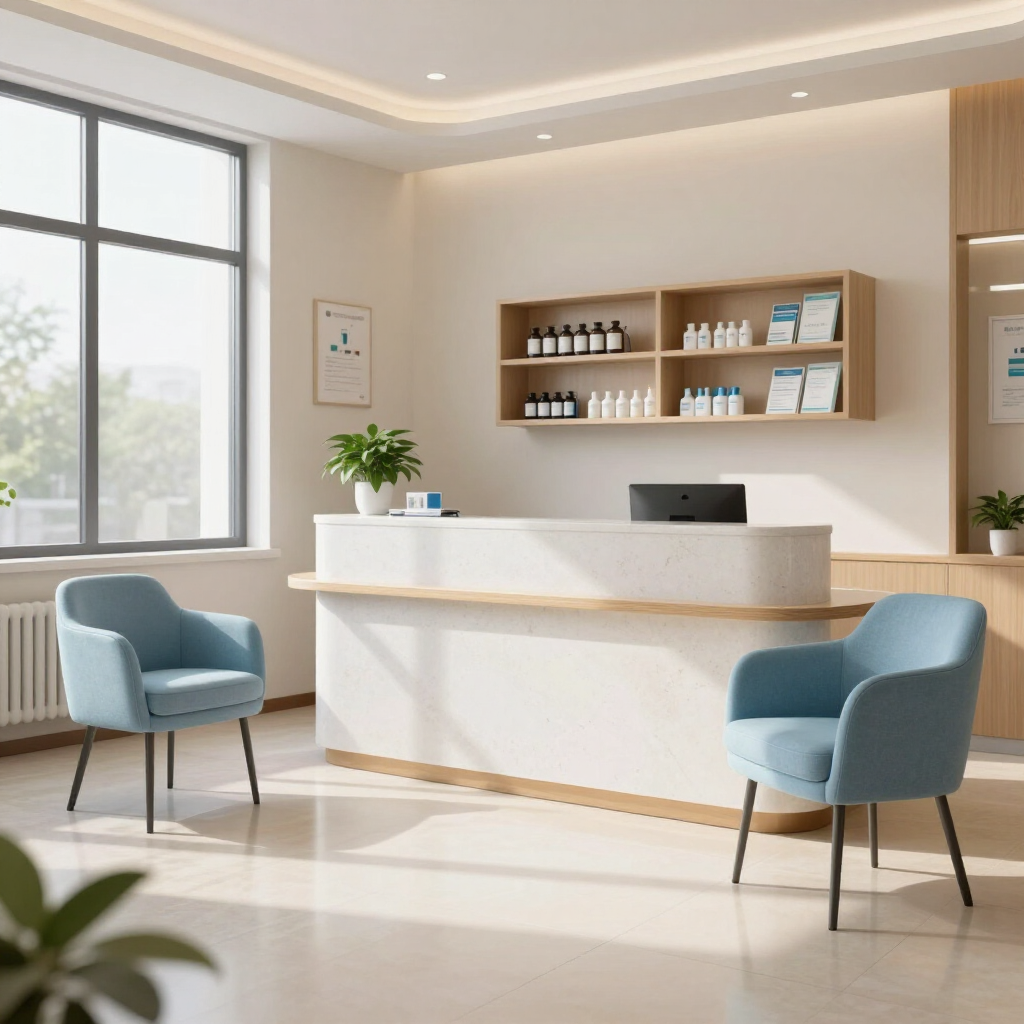 Bright modern clinic reception with white desk, blue chairs, wood shelves, and sunlight through a large window