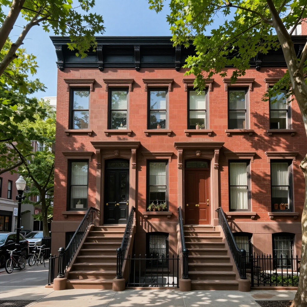 Red brick row houses with brownstone stoops on a tree-lined city street