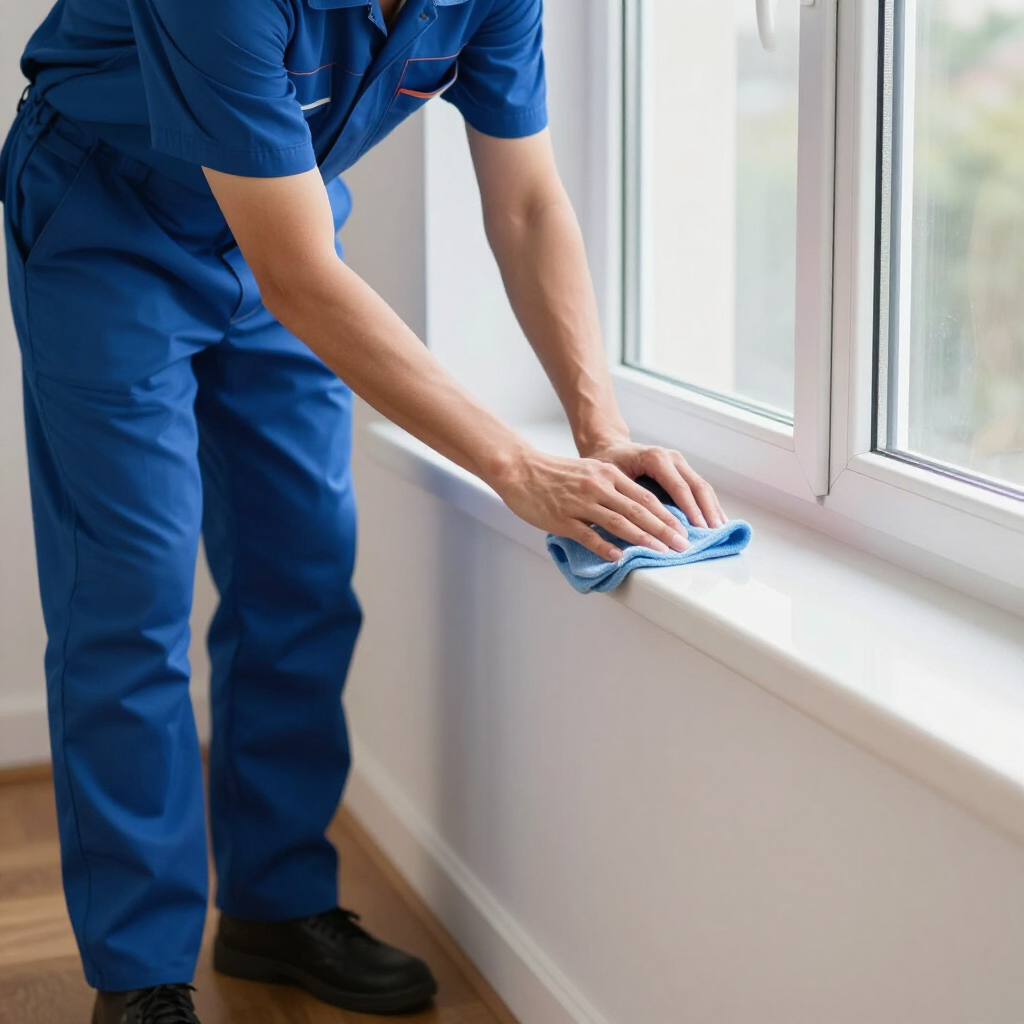 Person in blue uniform wiping a windowsill with a cloth beside a bright window