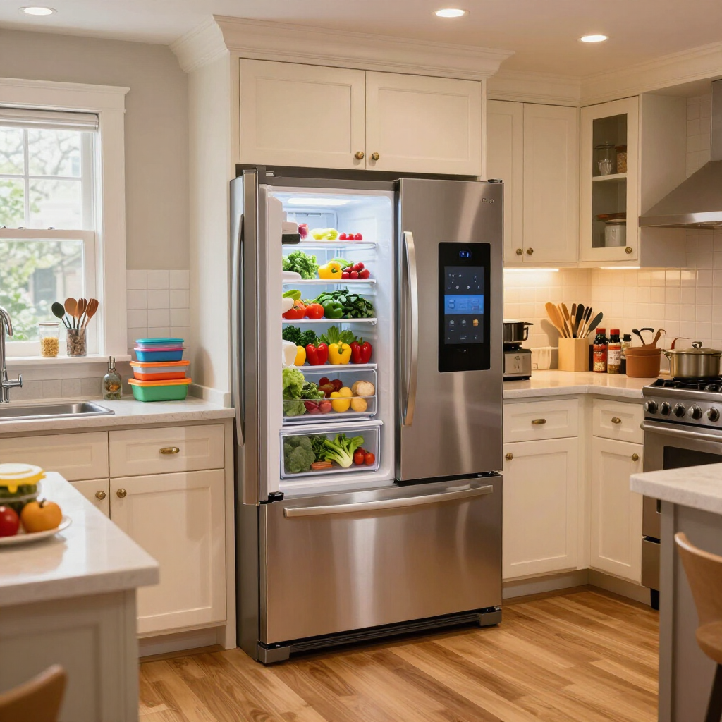 Bright kitchen with stainless steel French-door fridge open, showing organized shelves of food and produce