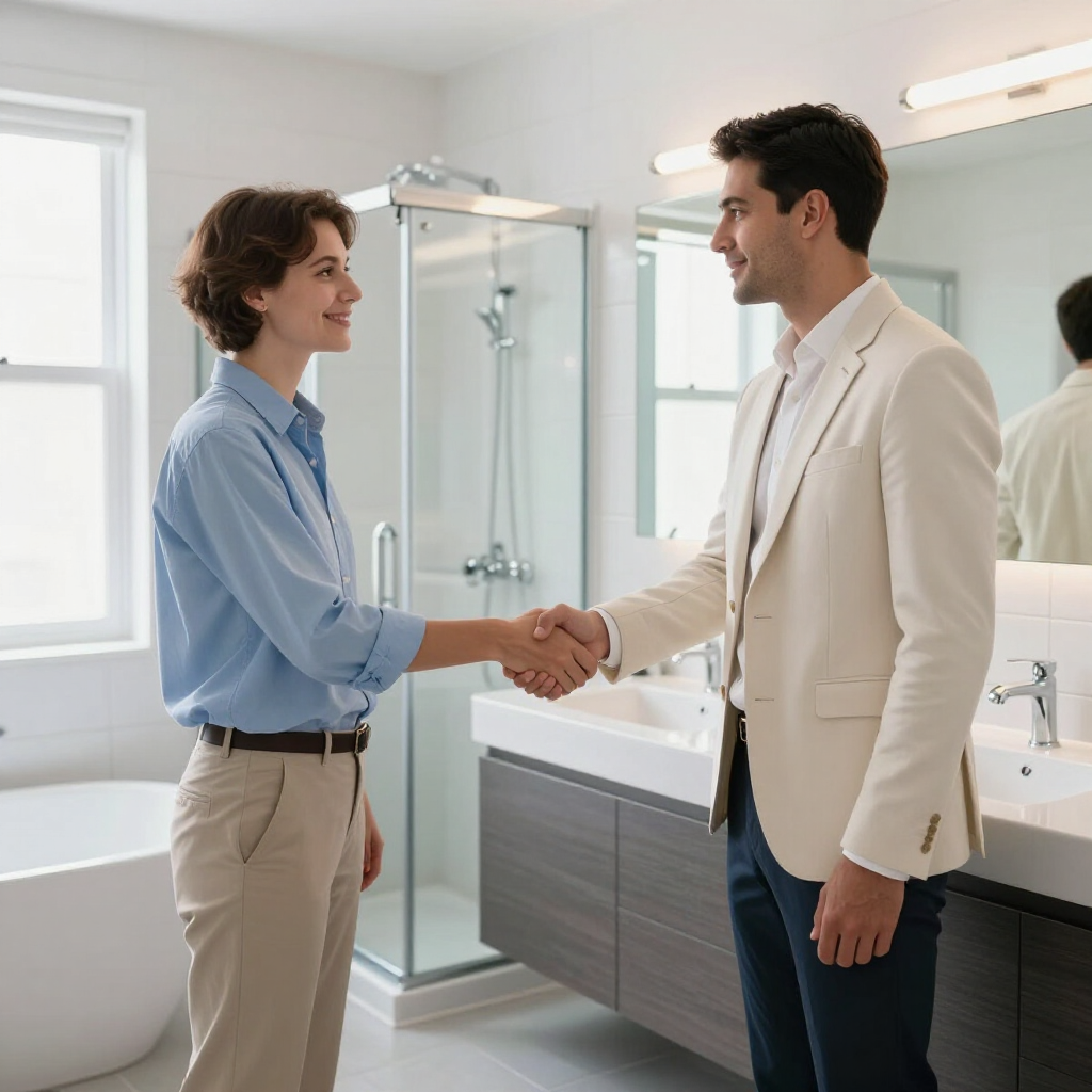 Two men shaking hands in a bright bathroom showroom.