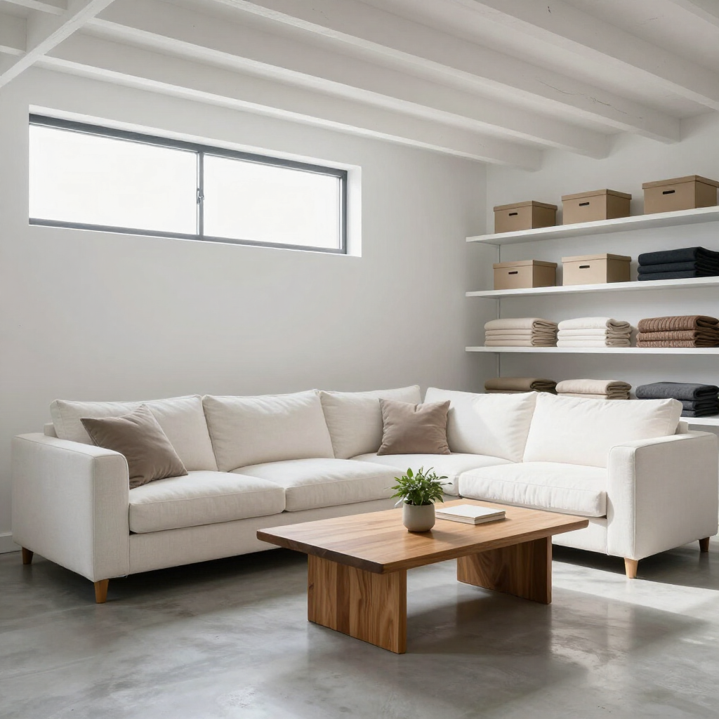 Bright minimalist living room with white sectional sofa, wooden coffee table, and shelves with storage boxes