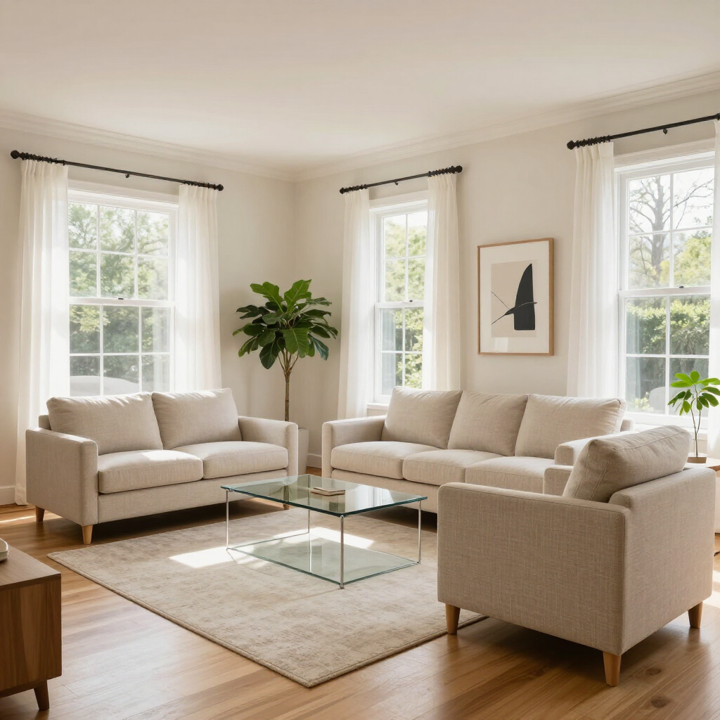 Bright living room with beige sofas, glass coffee table, cream rug, and large windows with white curtains