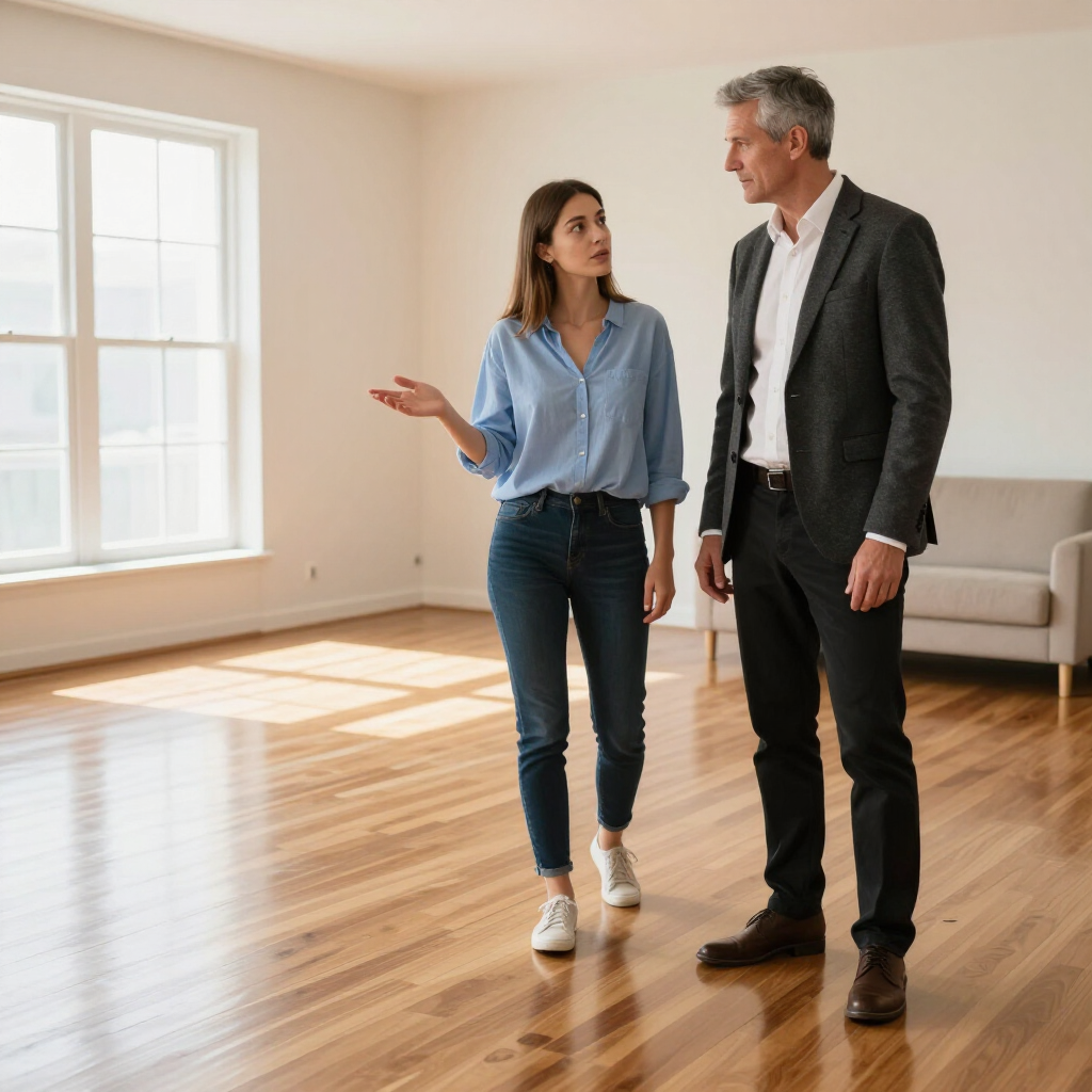 Two people stand in a sunlit empty room, talking near large windows and a beige sofa.