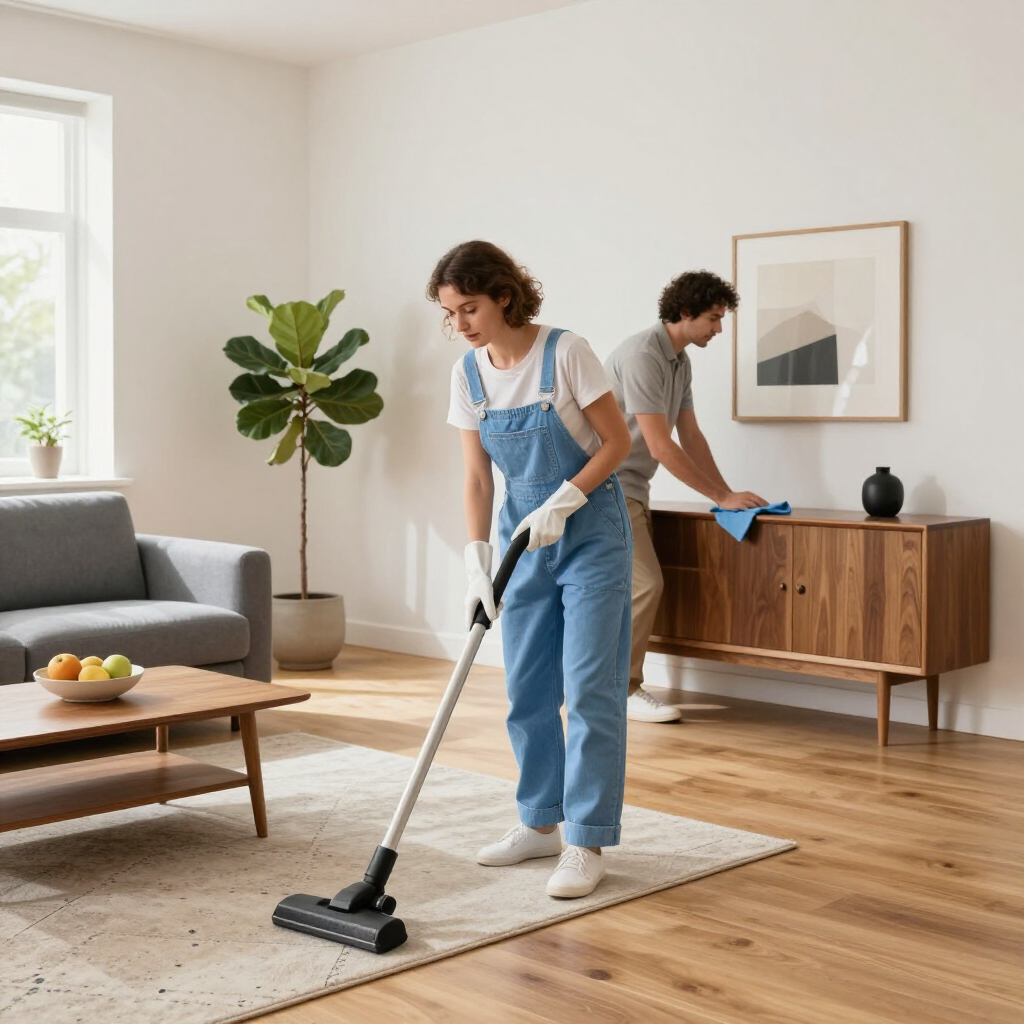 Two people cleaning a bright living room, vacuuming a hardwood floor and dusting a sideboard.