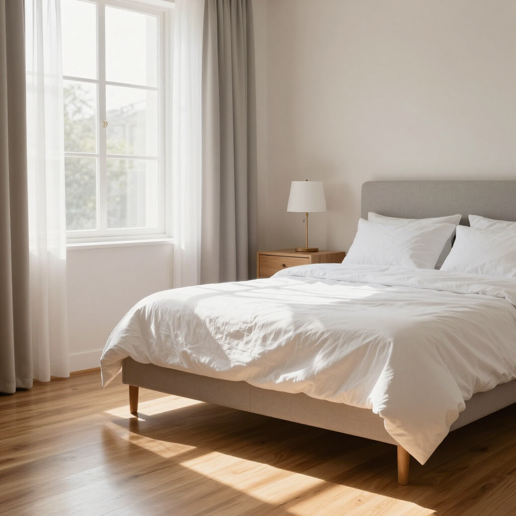 Bright bedroom with a white bed, wooden floor, and sunlight streaming through a window