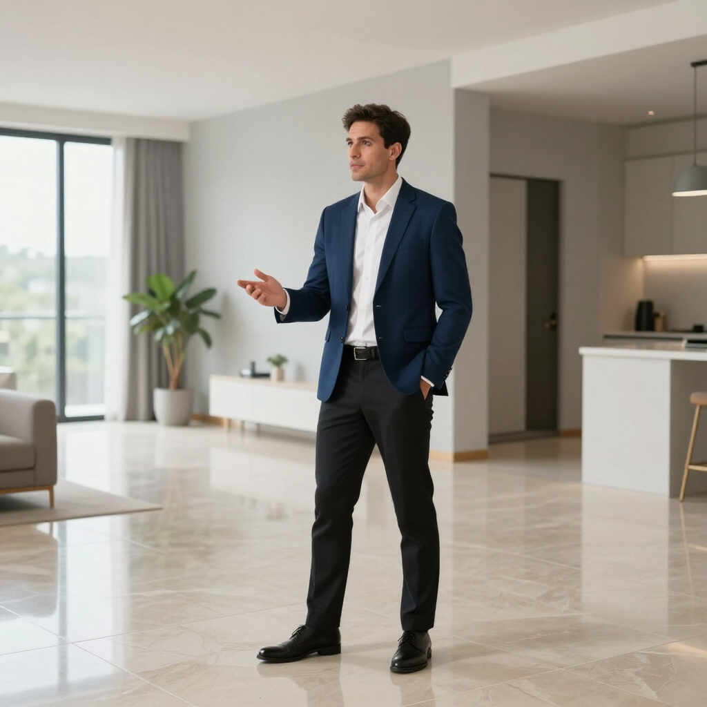 Man in a navy blazer stands in a bright modern living room, gesturing as if speaking.