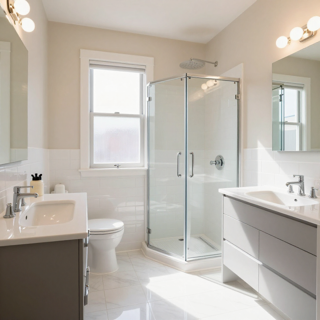 Bright modern bathroom with double vanity, glass shower, toilet, and two windows