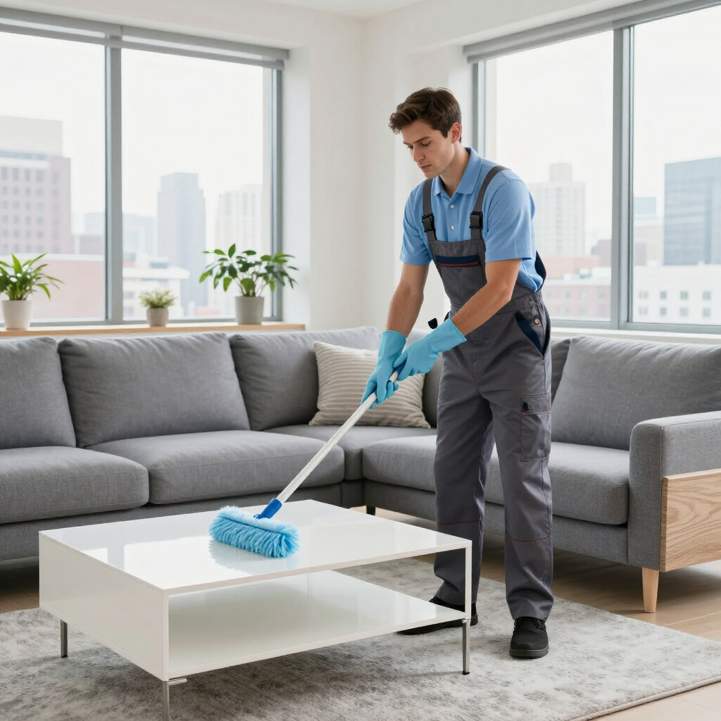 Cleaner dusts a white coffee table in a bright living room with a gray sofa and windows.