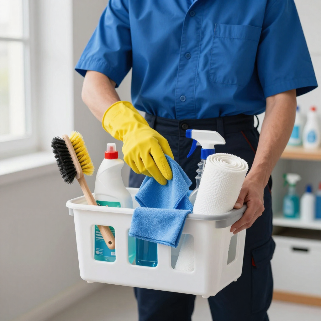 Janitor in blue uniform holding a cleaning caddy with sprays, cloths, and brushes