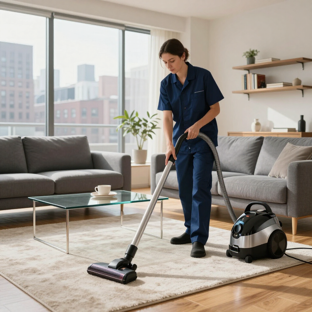 Person vacuuming a living room with a canister vacuum and sofa nearby