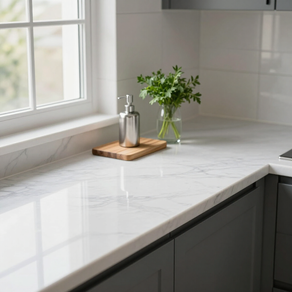 Bright kitchen counter with white marble, dark cabinets, a soap dispenser, and a small vase of herbs by the window