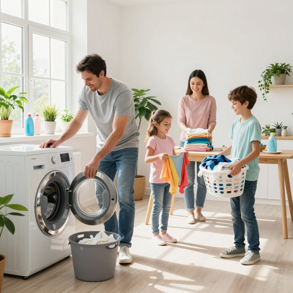Family doing laundry in a bright room, with a man loading a washer and children holding a basket and folded clothes