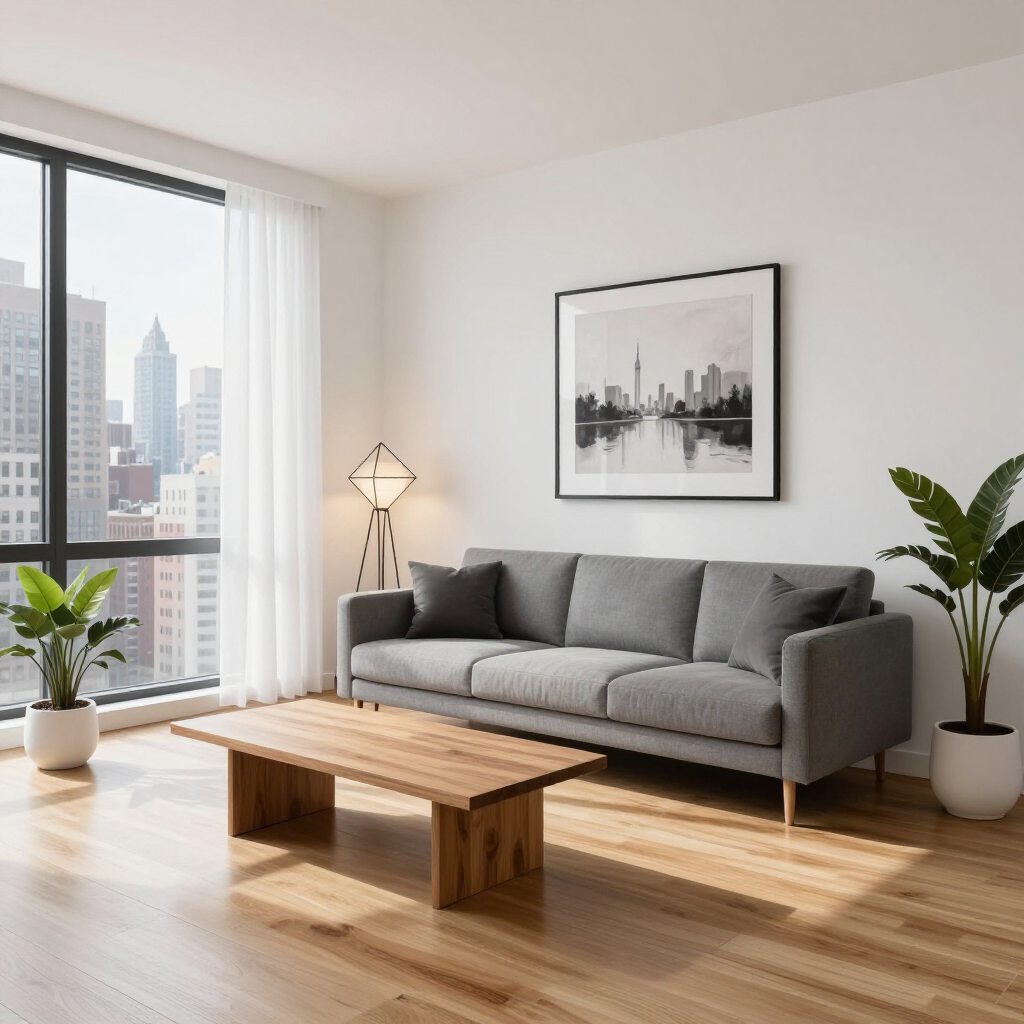 Bright modern living room with gray sofa, wooden coffee table, plants, and city view through large windows