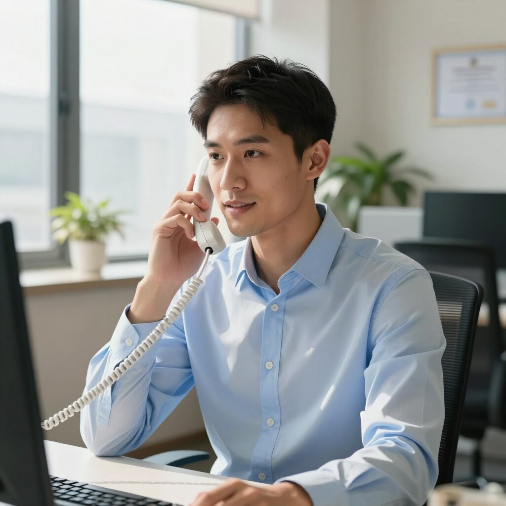 Man in a light blue shirt talking on a corded phone in a bright office