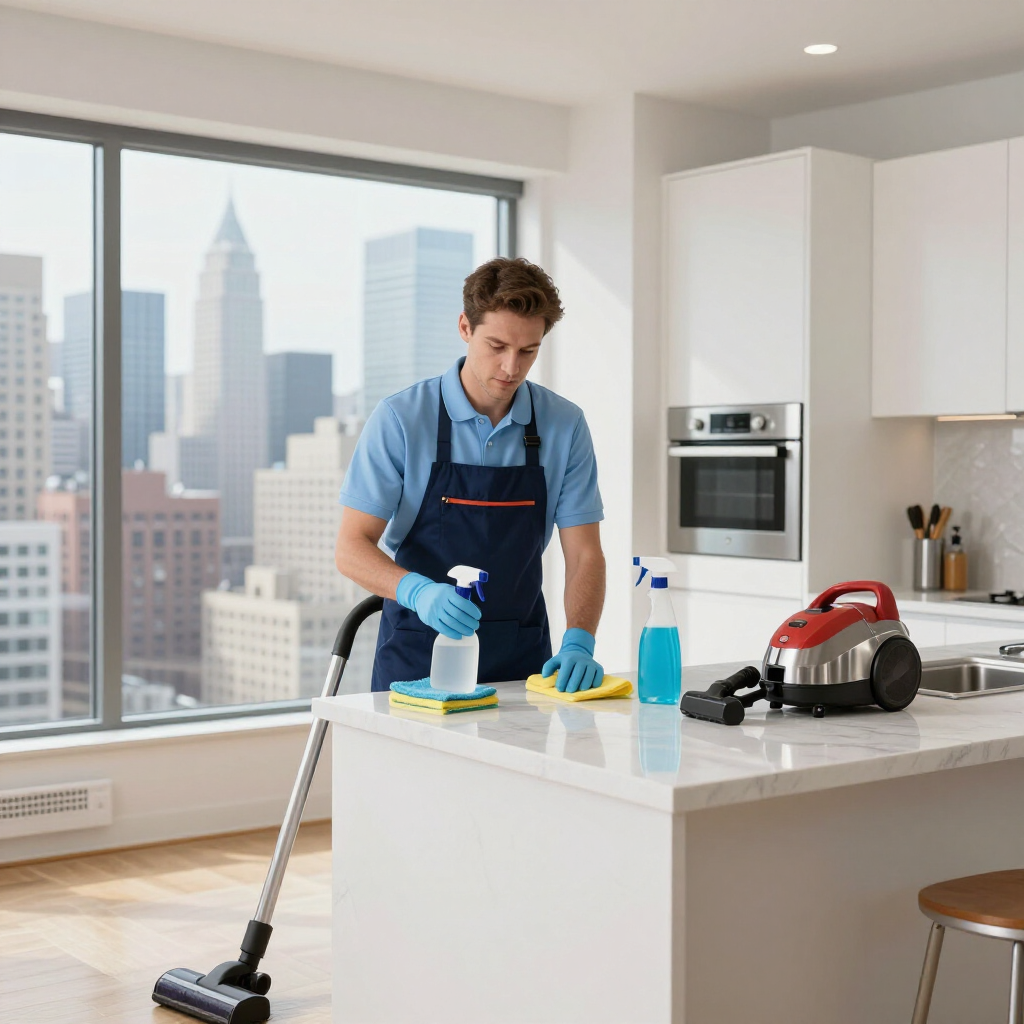 Person cleaning a bright kitchen counter with spray bottle and cloth, vacuum nearby, city skyline outside window