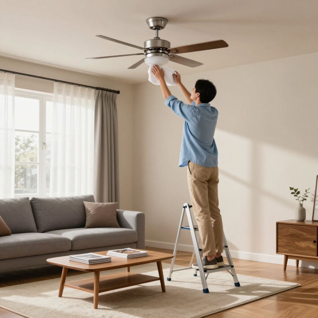 Person on a step ladder adjusting a ceiling fan in a bright living room