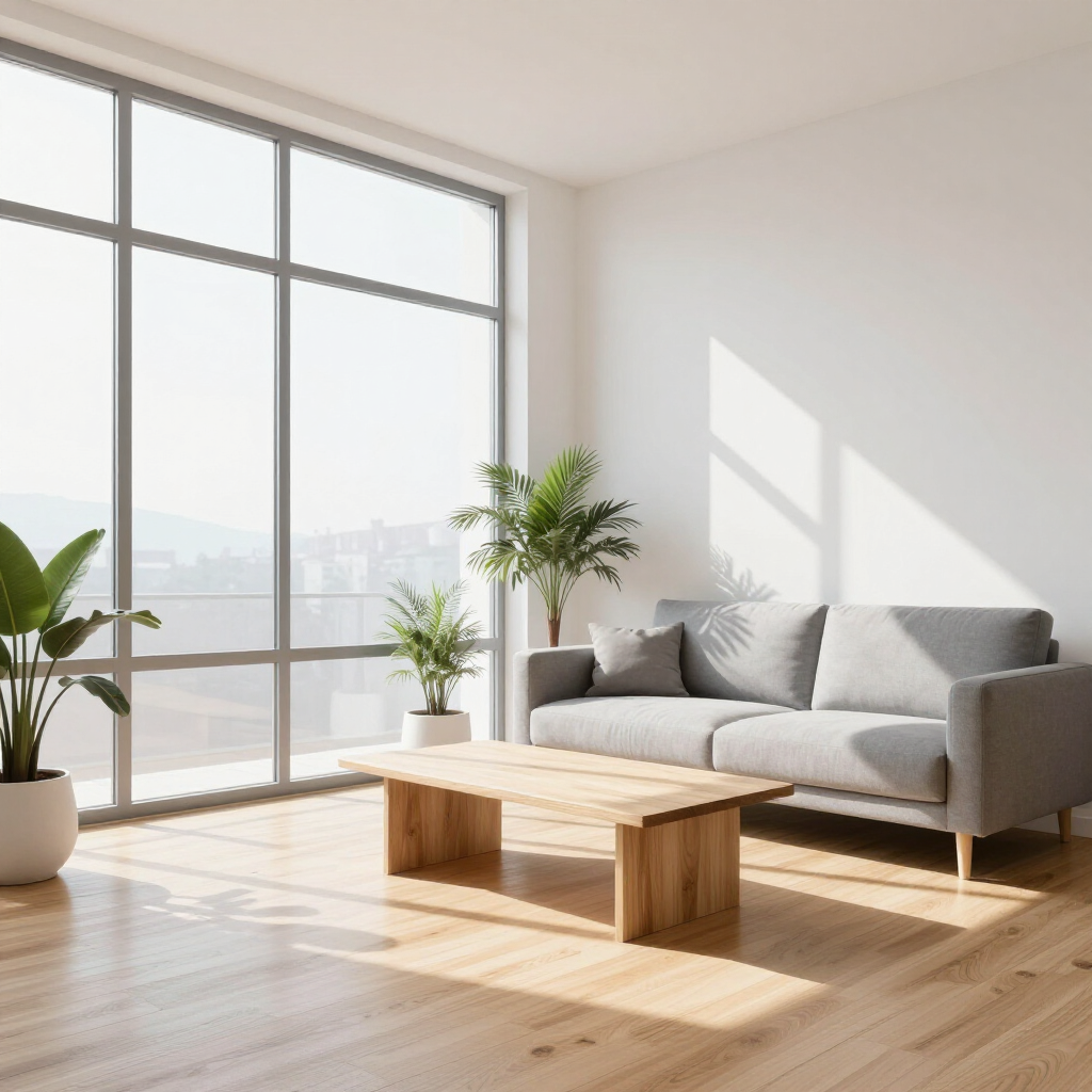 Bright living room with gray sofa, wooden coffee table, potted plants, and sunlight through large windows
