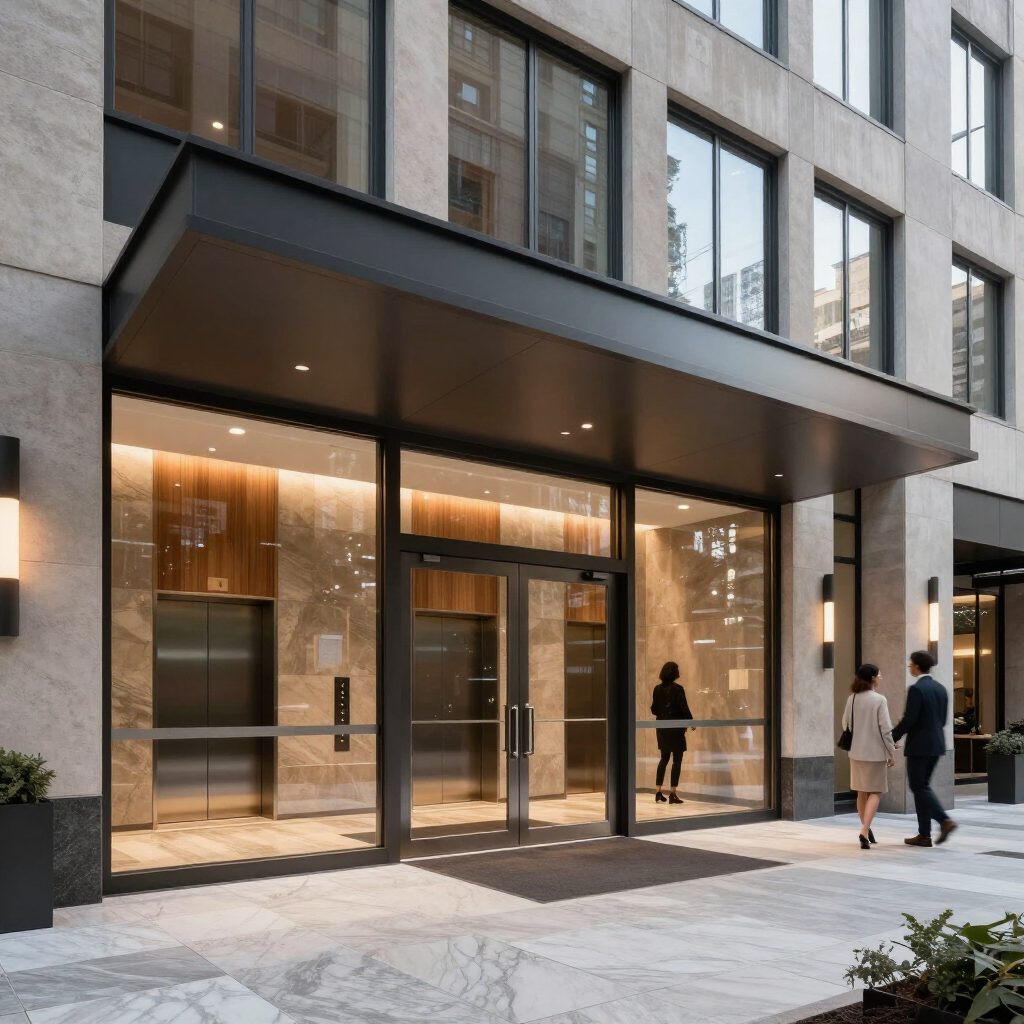 Modern glass office entrance with two people walking on the sidewalk