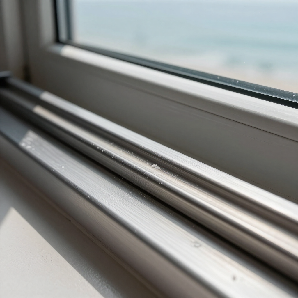Close-up of a white window sill and frame with sunlight and a blurred ocean view beyond