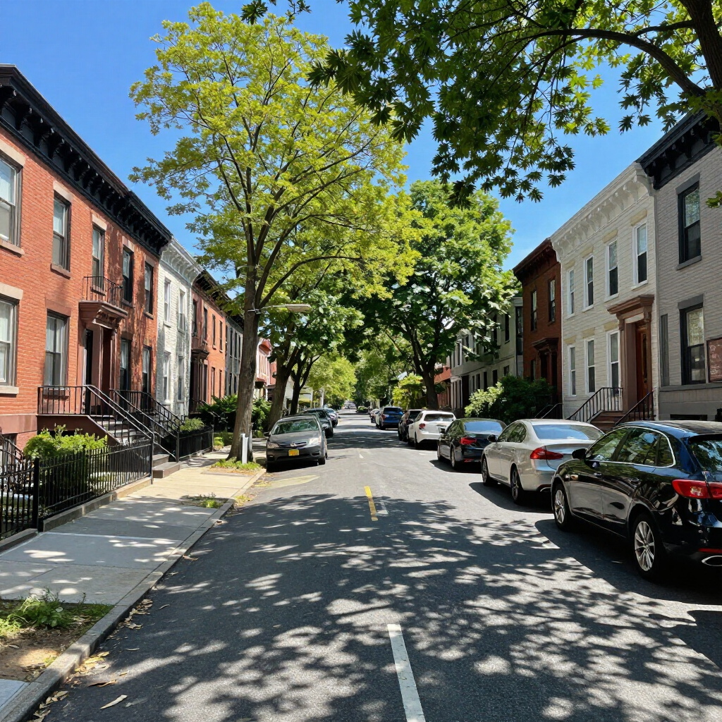 Tree-lined residential street with parked cars and row houses on a sunny day
