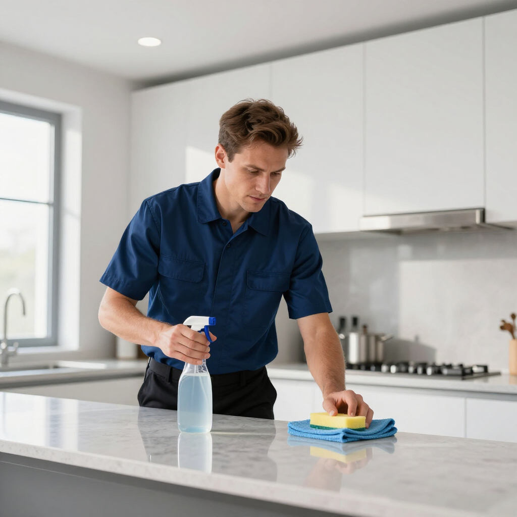 Man cleaning a kitchen counter with spray bottle and cloth in a bright modern kitchen