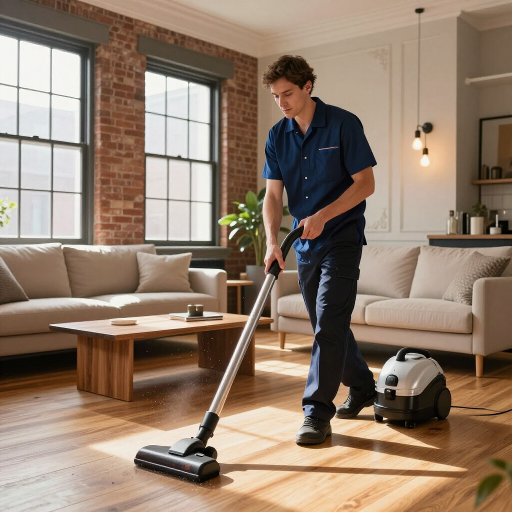 Worker vacuuming a bright living room with a canister vacuum and sofa nearby