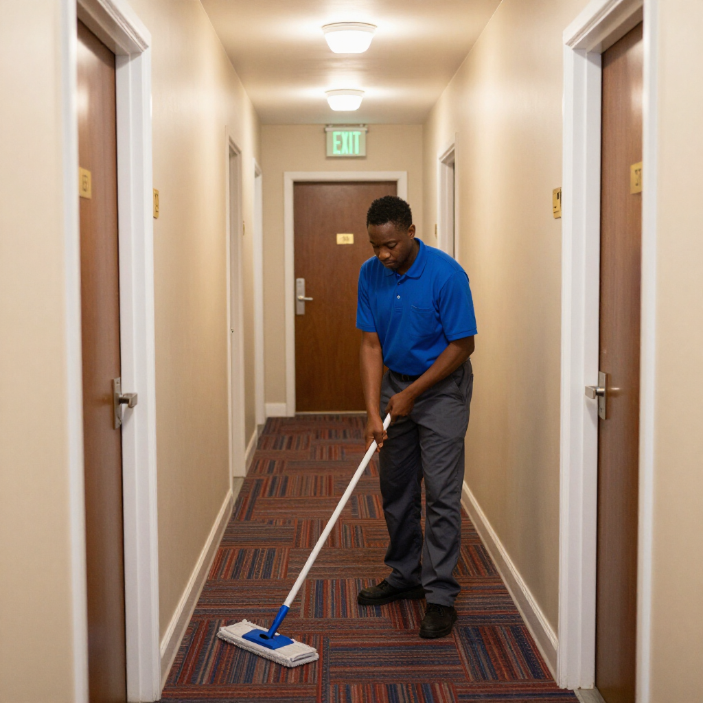 Man mopping a hotel hallway with a blue mop and white bucket in a carpeted corridor