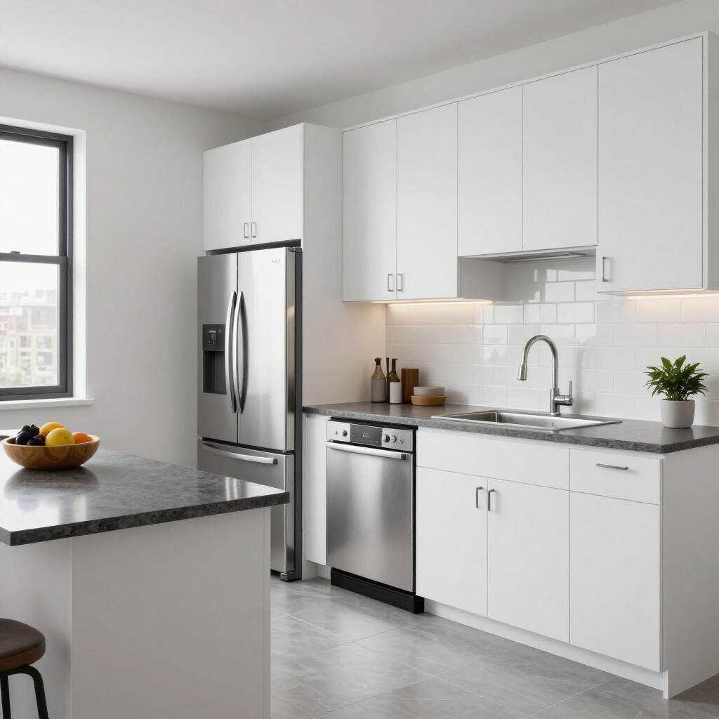 Bright modern kitchen with white cabinets, stainless appliances, dark counters, and a small island near a window
