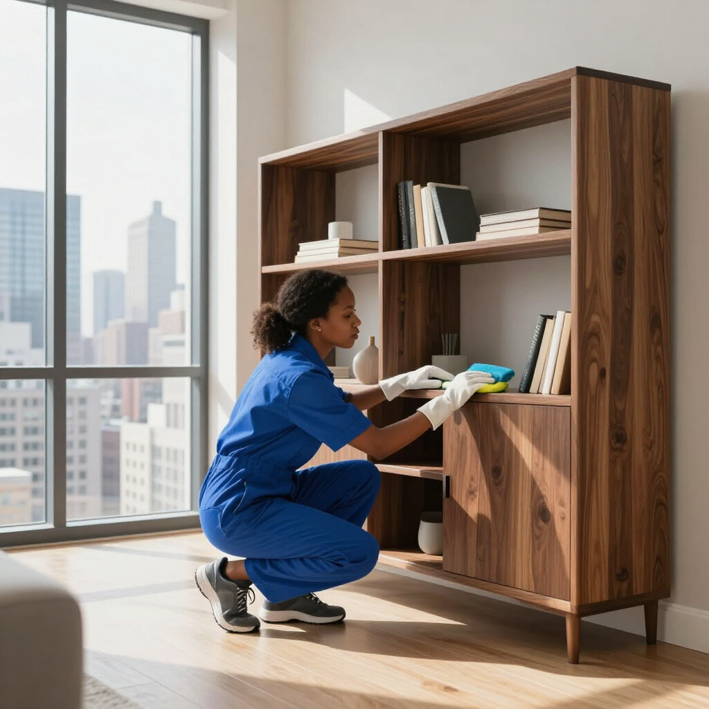 Person in blue coveralls cleaning a wooden bookshelf in a sunlit office by a city window