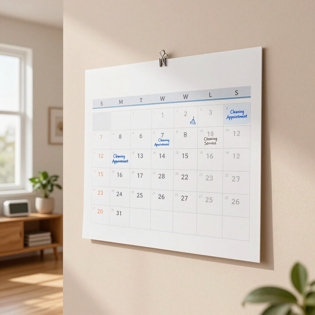 Wall-mounted monthly calendar on a beige wall in a bright room, marked with blue notes.