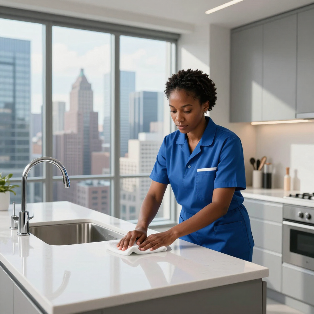 Person in blue uniform cleaning a bright kitchen countertop with city buildings visible through large windows