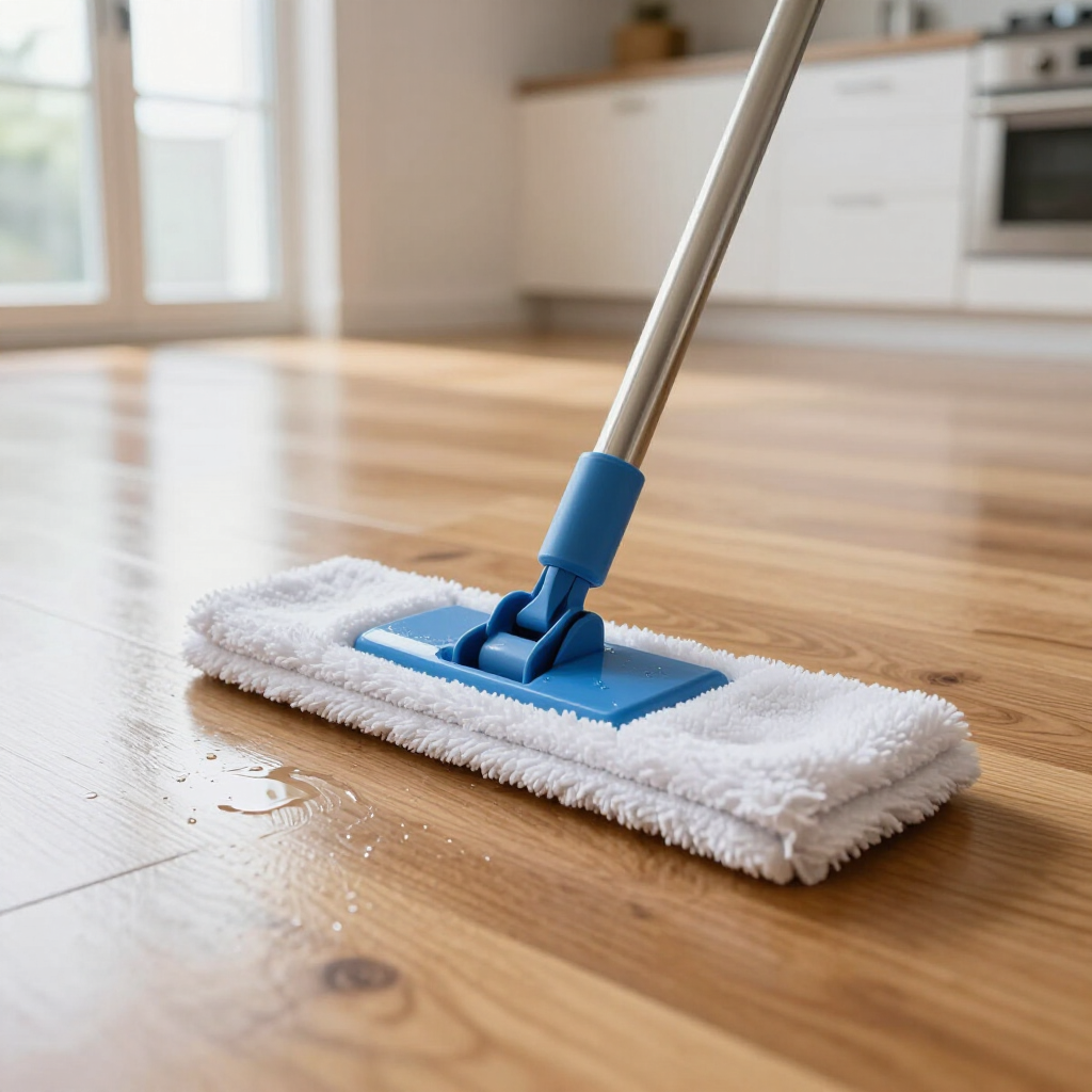 White mop cleaning a wooden floor in a bright kitchen with sunlight.