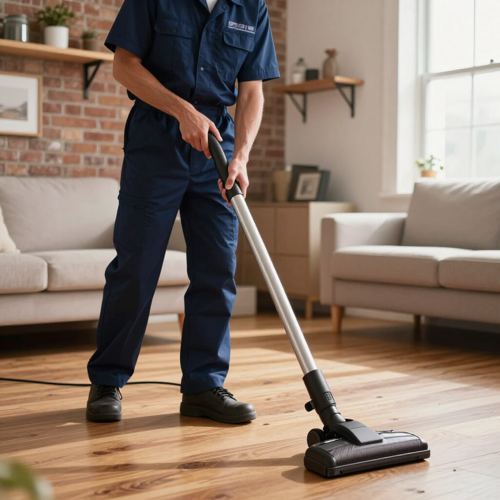 Person vacuuming a hardwood floor in a bright living room