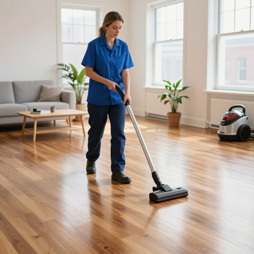 Person vacuuming a wooden floor in a bright living room with a sofa and plants
