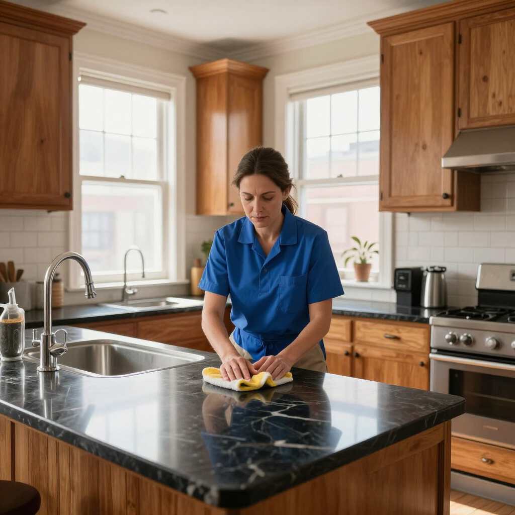 Person wiping a black granite kitchen island in a bright wood-cabinet kitchen