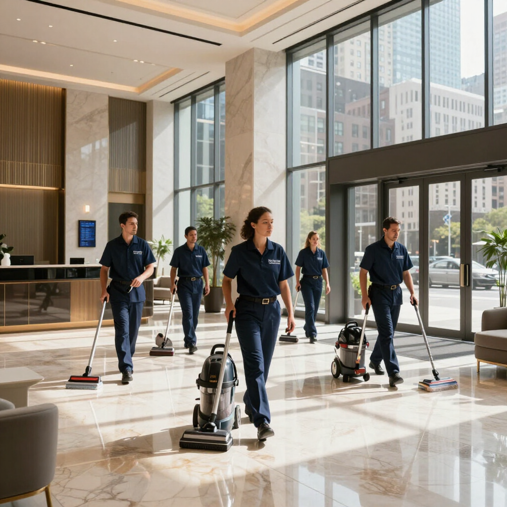 Janitors vacuuming a bright hotel lobby with floor-to-ceiling windows