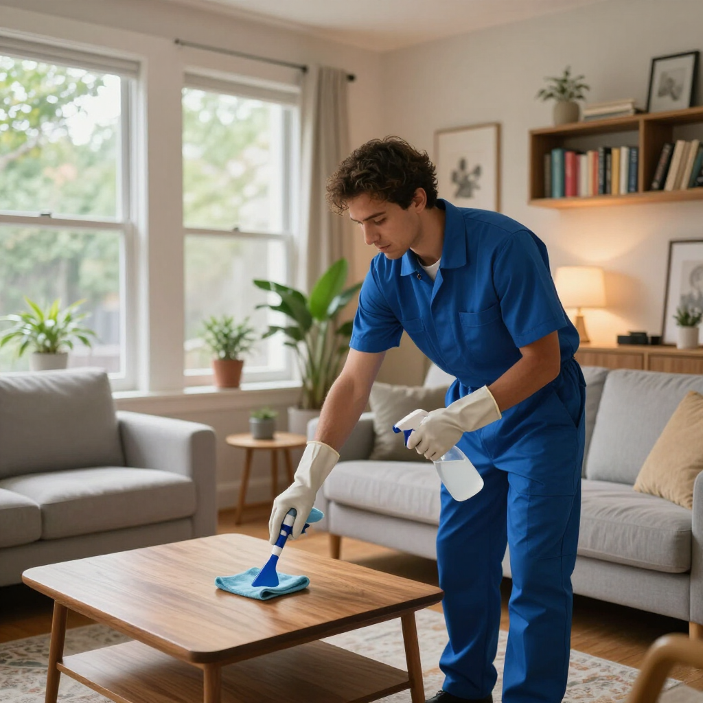 Person cleaning a coffee table with a blue cloth in a bright living room