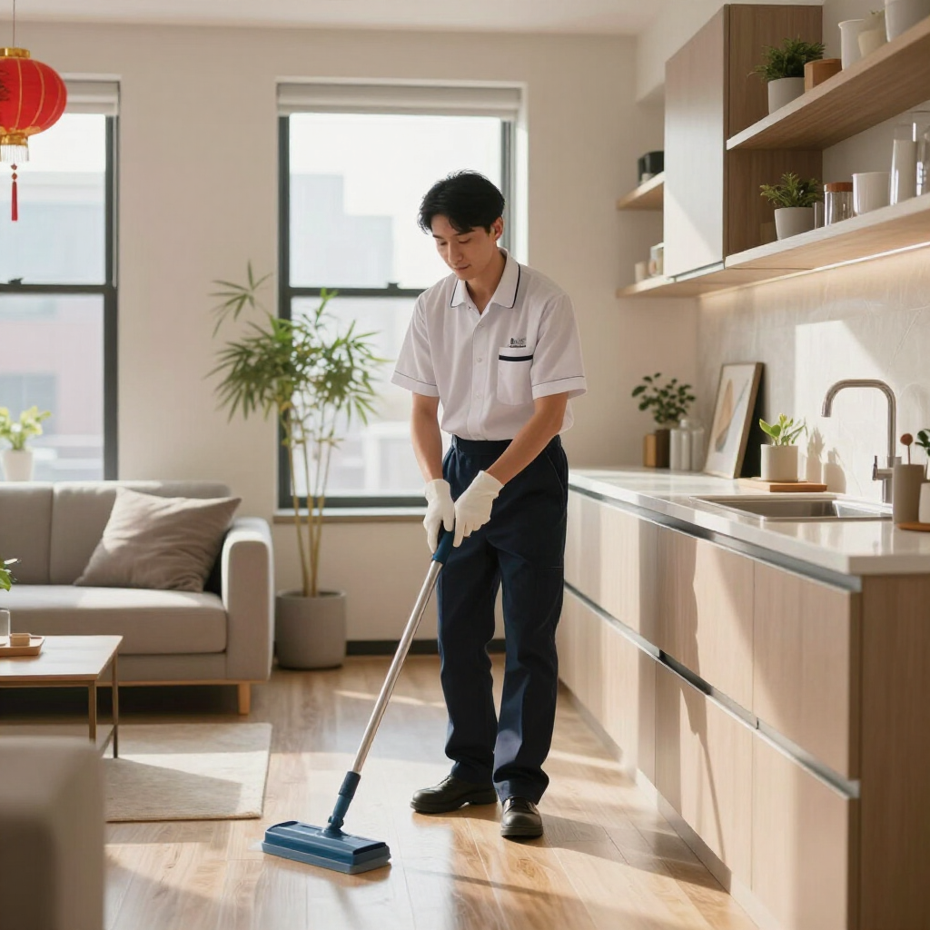 Man mopping a bright kitchen floor in a modern apartment