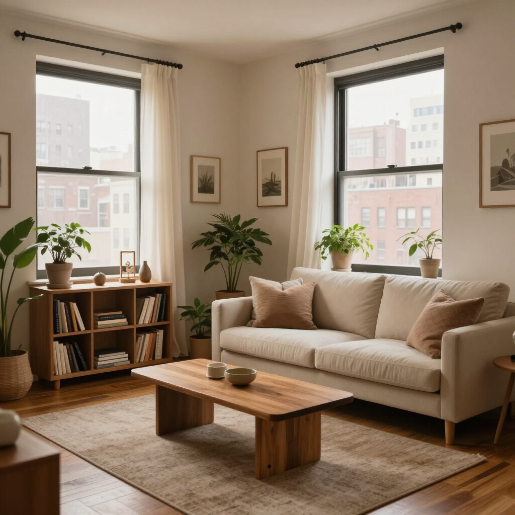 Bright living room with beige sofa, wooden coffee table, plants, bookshelves, and large windows with city views